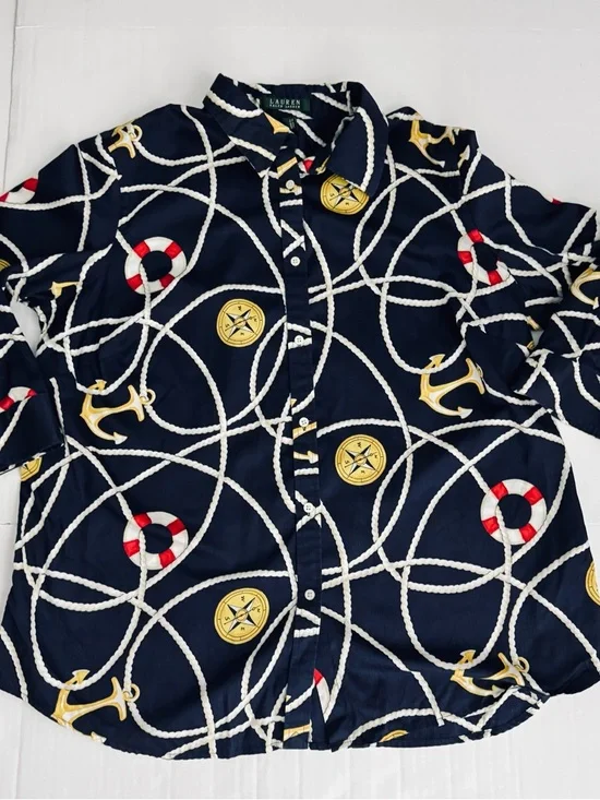 Lauren Ralph Lauren 1X Nautical Rope Anchor Cotton Button Shirt Coastal Preppy - Picture 4 of 9